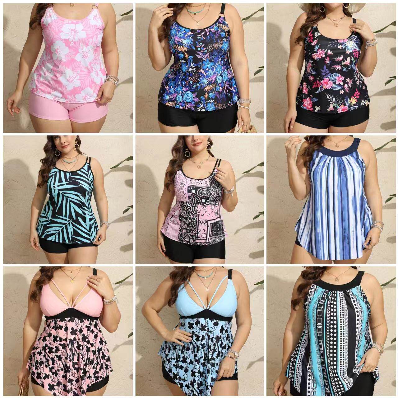 欧美外贸出口泳衣女分体平角加大码加肥胖MM运动休闲款遮肚显瘦