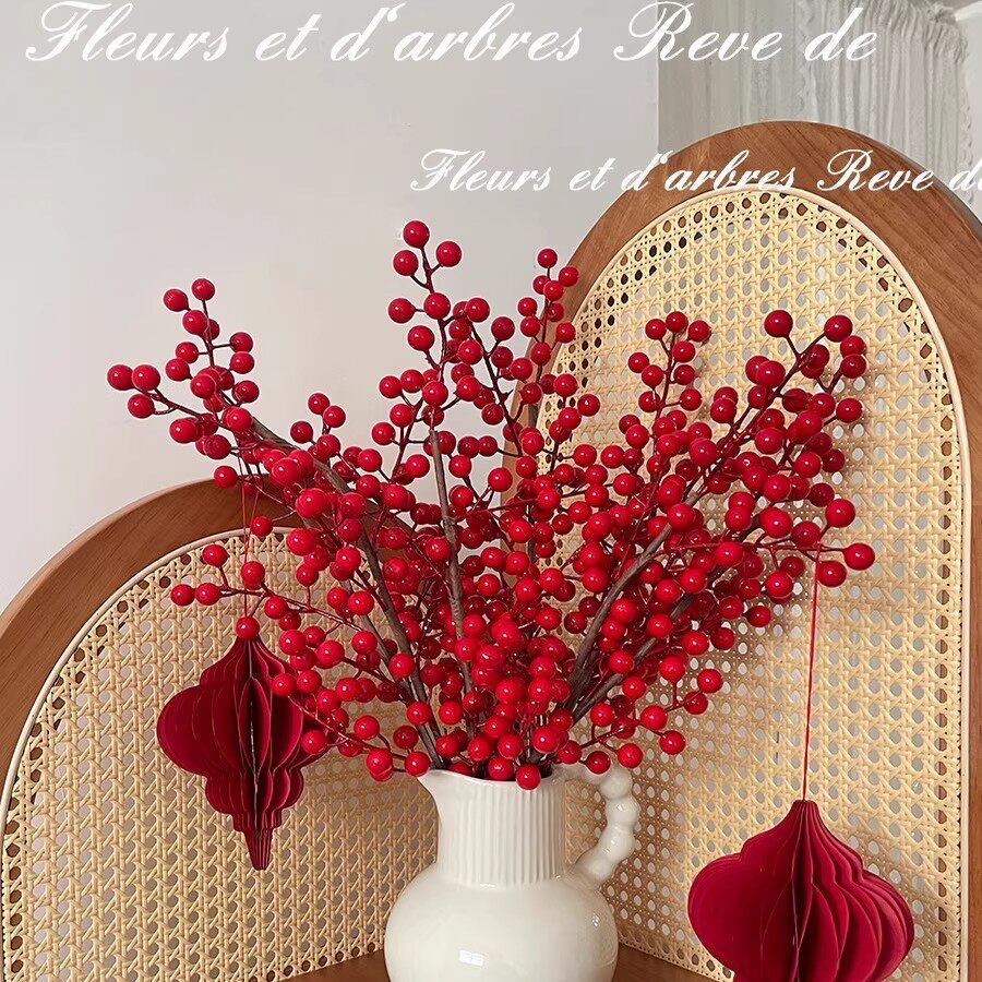 冬青红果发财果仿真花摆设客厅干花假花红浆果相思豆装饰花艺摆件