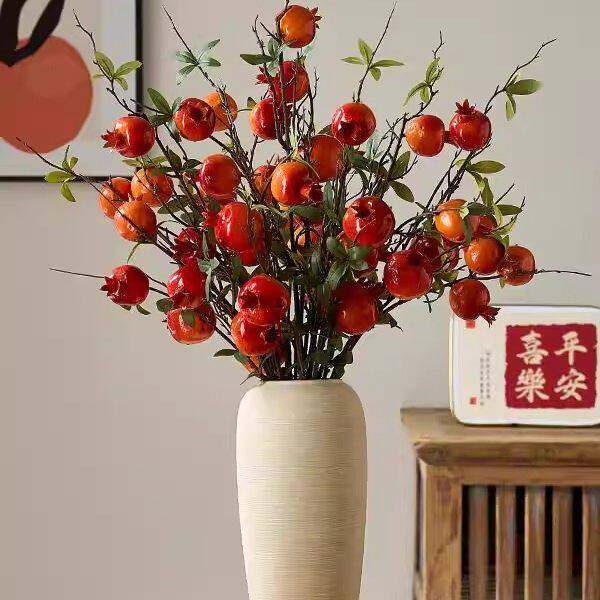 仿真石榴花花假花摆设红果发财果柿子果树枝干新年装饰乔迁摆件