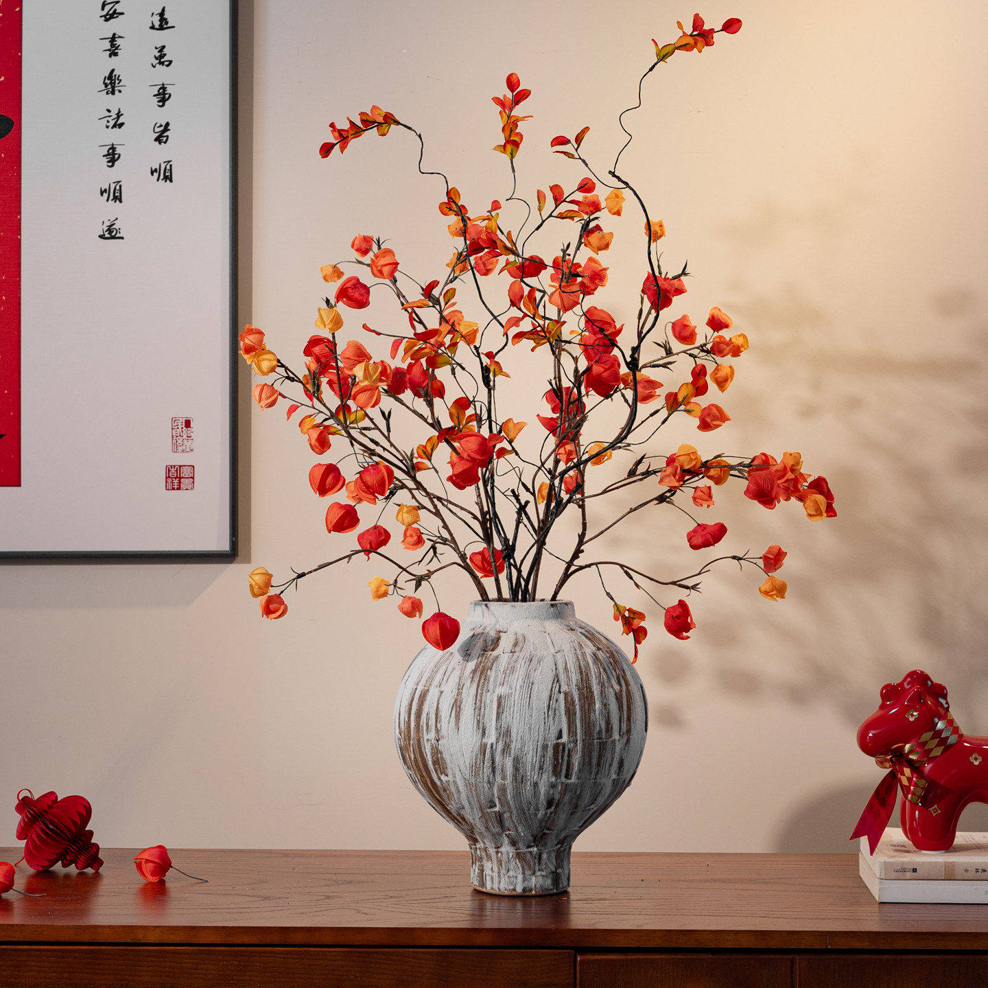 仿真灯笼果干花束 栾树果假花酒店会所玄关桌面插花装饰