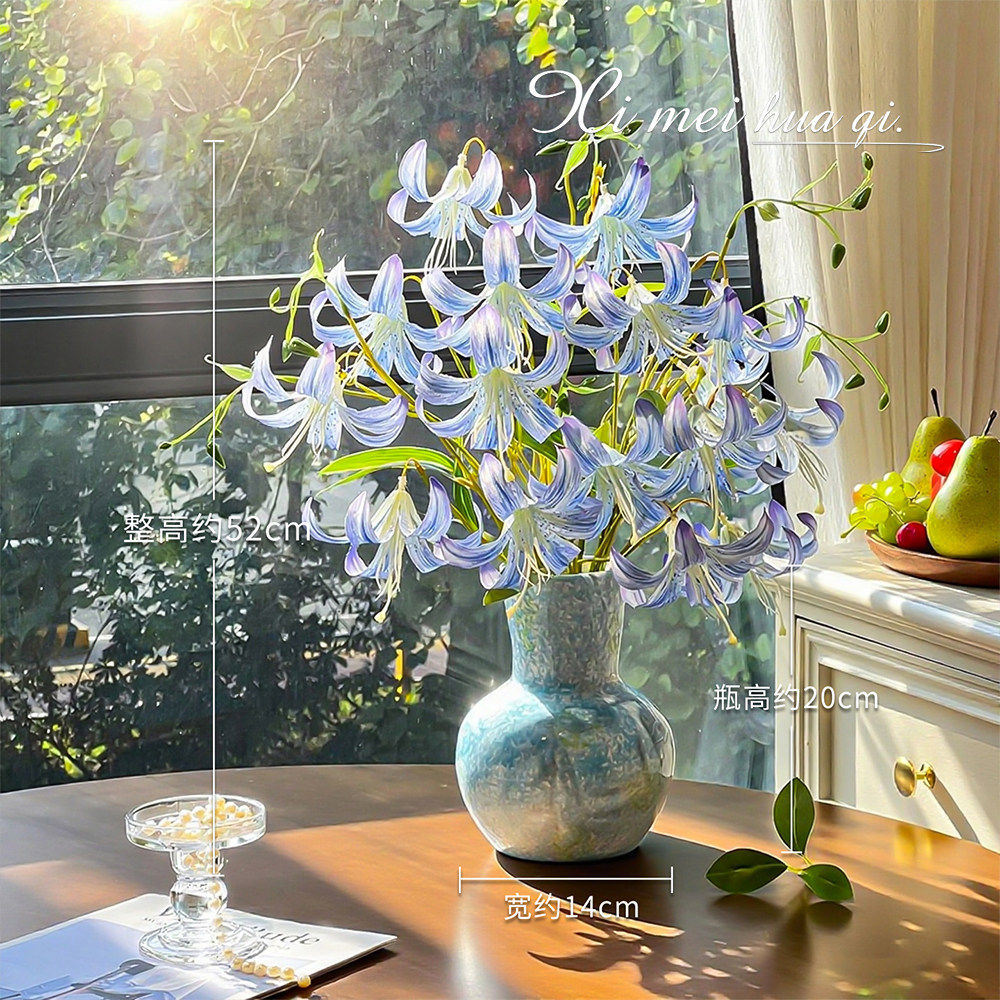 蓝调莫奈百合仿真花束清新客厅窗台玄关桌面插花摆件家居软装花艺