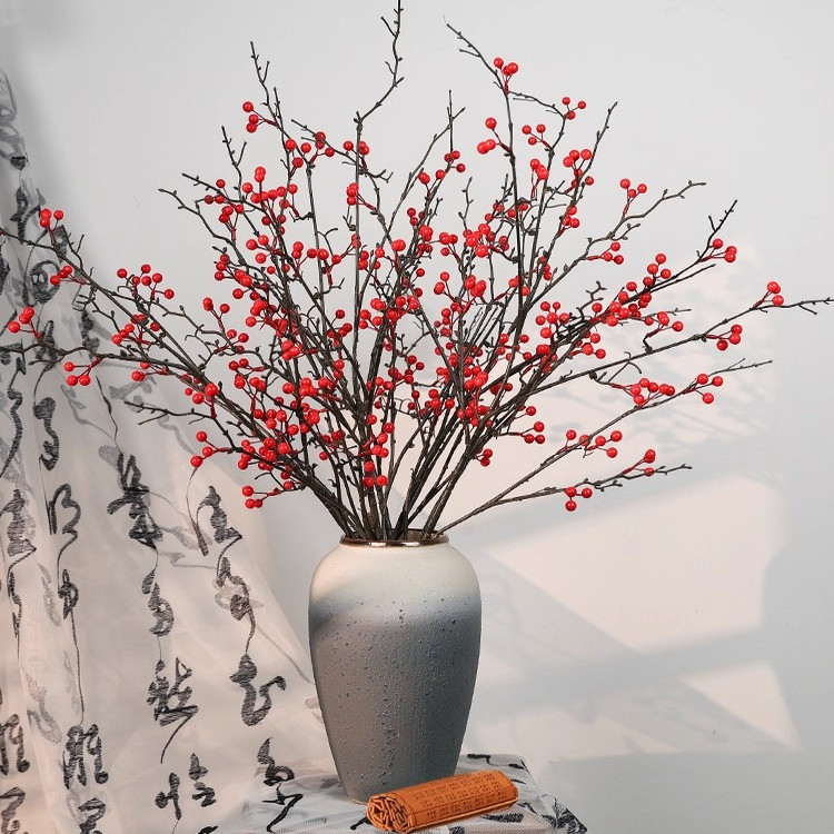 冬青红果发财果仿真花摆件假花干花束客厅餐桌面红色招财浆果喜庆