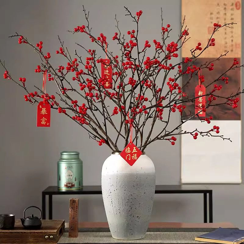 冬青红果发财果仿真花摆件假花干花束客厅餐桌面红色招财浆果喜庆