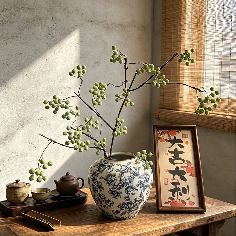 宋代美学花瓶摆件仿真干花马桑果花束客厅插花干花花盆复古陶罐