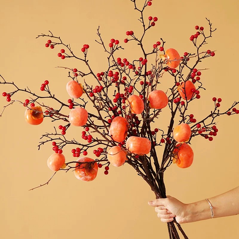 仿真柿子树枝假花束柿柿如意轻奢餐桌插花新年喜庆干花摆设