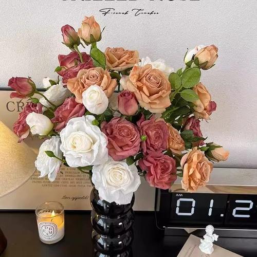 欧式轻奢复古3头焦边玫瑰假花仿真花摆设客厅高级花艺摆件仿生花