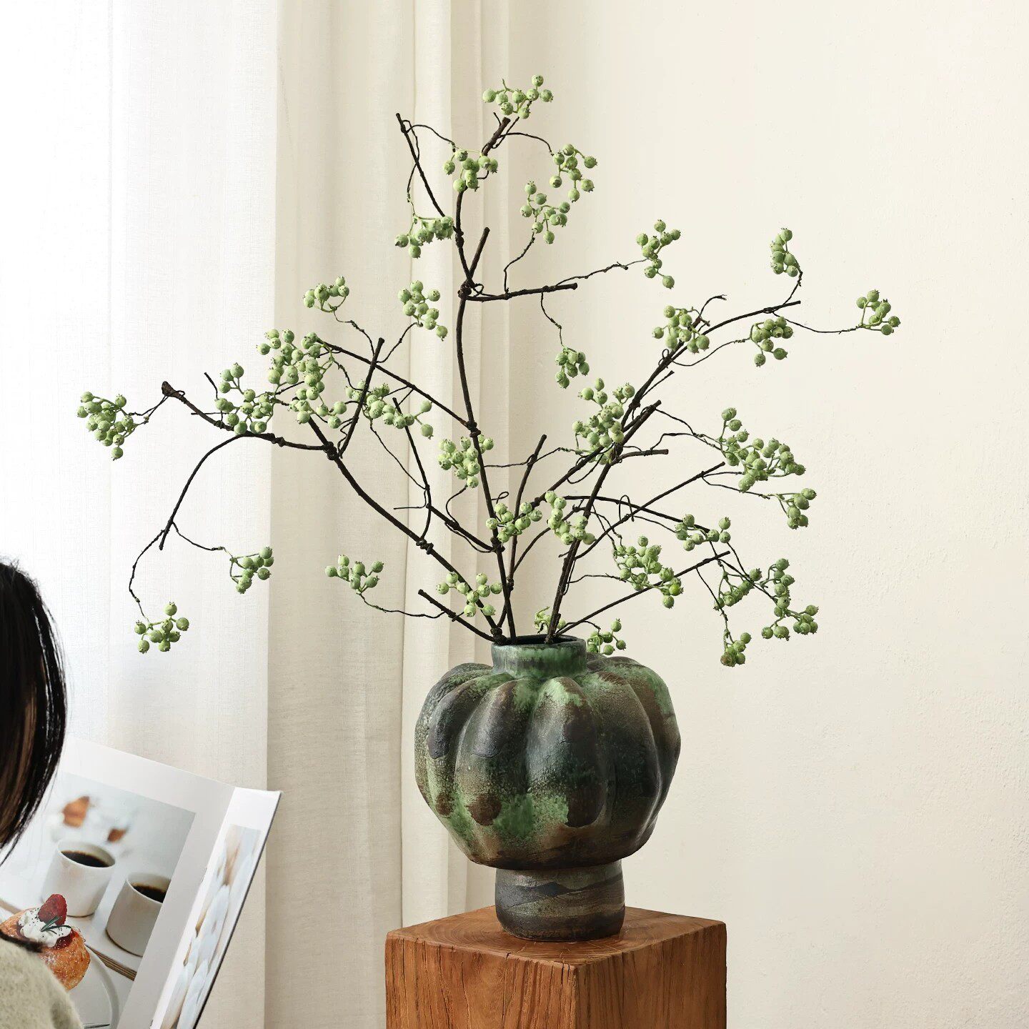 仿真花马桑果茶几客厅家用玄关插花装饰摆件青花瓷花瓶侘寂风花艺
