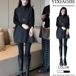 休闲百搭修身 打底裤 显瘦长袖 高领宽松马甲 三件套 上衣 秋冬新款