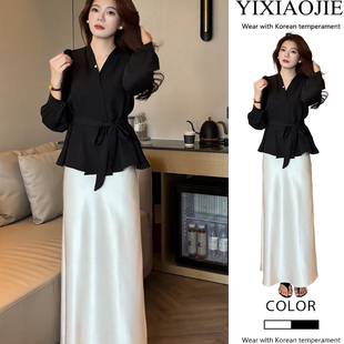 顯瘦長袖 夏季 新款 氣質休閑V領松緊修身 半身裙兩件套 上衣