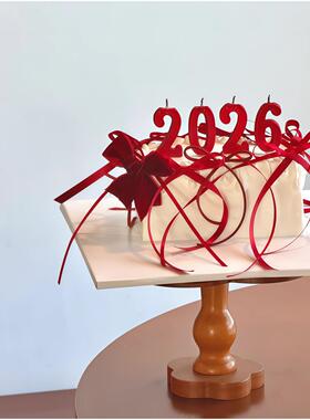 网红跨年元旦新年2026红色数字蜡烛蛋糕装饰插件红色蝴蝶结丝带