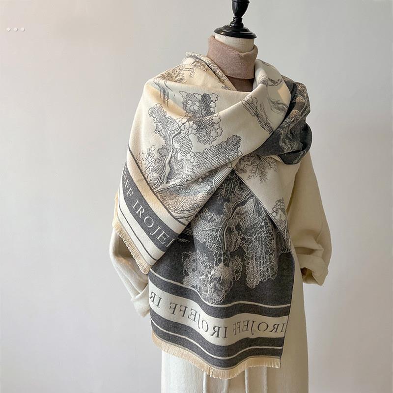 黑白围巾女秋冬季2024新款欧美轻奢仿羊绒披肩外搭高级感保暖围脖