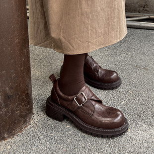 超软小羊皮扣带厚底乐福鞋女单鞋2026春秋新款复古圆头中跟小皮鞋