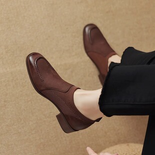 法式中跟粗跟单鞋女2025春秋新款真皮方头深口奶奶鞋一脚蹬小皮鞋