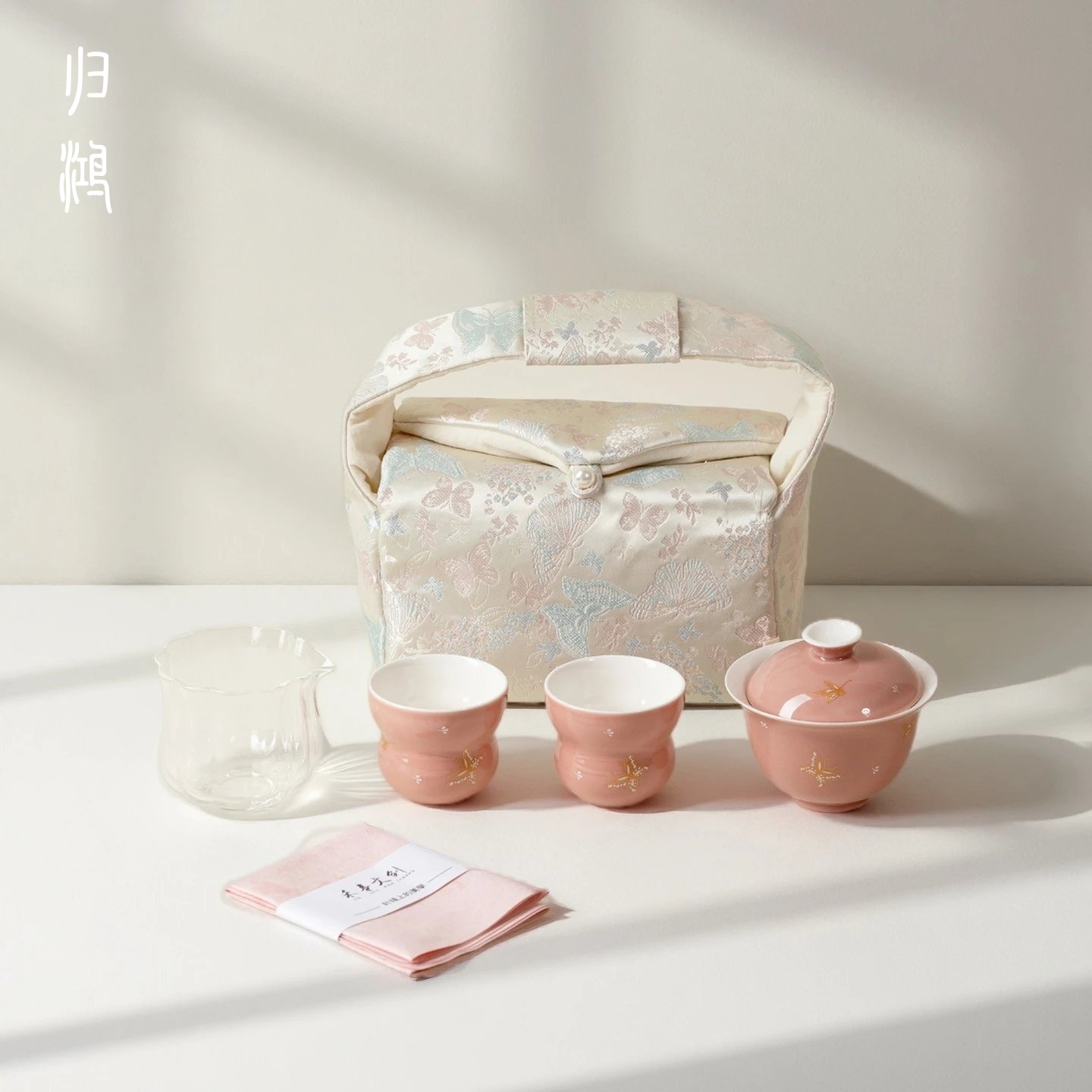 归鸿豇豆红彩陶瓷茶具套装家用办公茶道配件精美礼盒装旅行包茶具