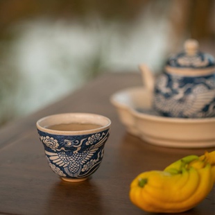 归鸿 霖松堂草木灰青花手绘双凤小品壶景德镇茶具开片泡茶壶160ml