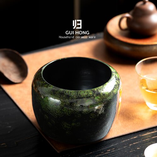 归鸿大漆工艺茶洗建水 复古绿大容量家用茶桌废水缸茶道摆件