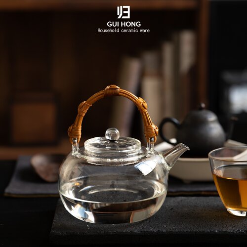 归鸿梅妃竹提手苹果壶高硼硅玻璃耐热家用泡茶壶圆壶煮泡两用茶具