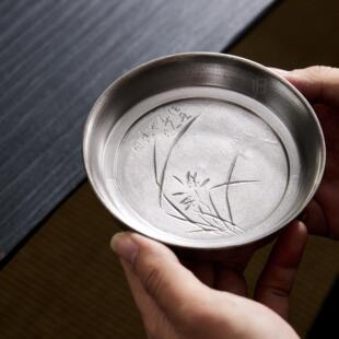 归鸿景德镇云由山坊纯手工雕刻兰花壶承复古鎏银茶承茶托盖碗托盘