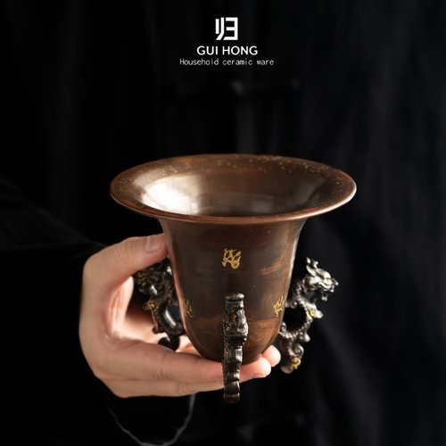 归鸿新中式建水茶空间会客厅托鼎摆件纯铜茶渣缸精致大容量废水盂