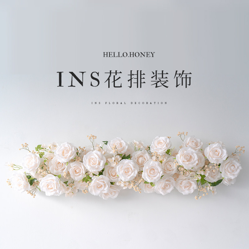 欧式婚礼装饰潜粉色花排花艺 彷真假花低对比度浅色壁挂玫瑰花排