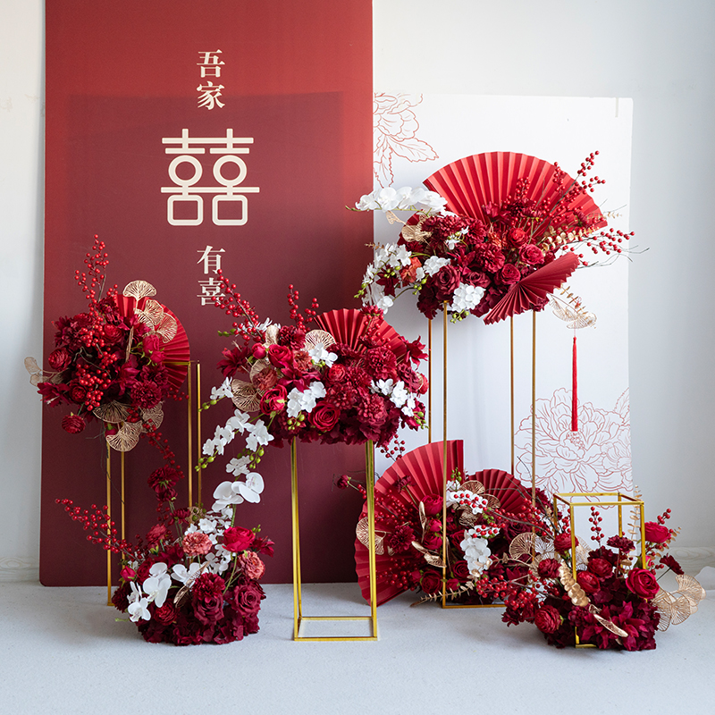 中式红色立柱折扇花球花艺 仿真花假花迎宾背景喜宴订婚宴装饰花