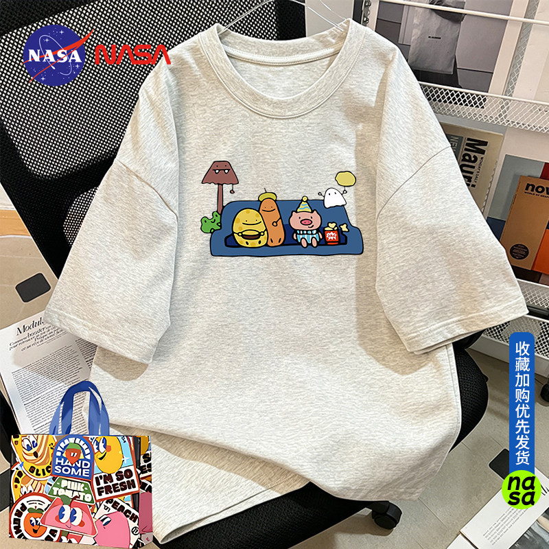 NASA卡通土豆猪印花情侣夏季2026宽松休闲男短袖女T恤夏季百搭