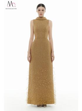 MONTSAND越南品牌La Pureza系列驼色水晶珠饰粗花呢连衣裙定制