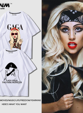 美国歌手ladygaga短袖男女夏季摇滚爵士流行青少年纯棉宽松半截袖