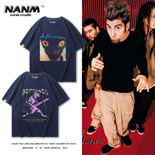 Deftones亚声调乐队周边猫咪短袖男女夏季美式另类说唱金属上衣潮