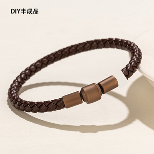 DIY半成品真皮转运珠配绳可穿黄金弯管百搭古铜不锈钢扣手链