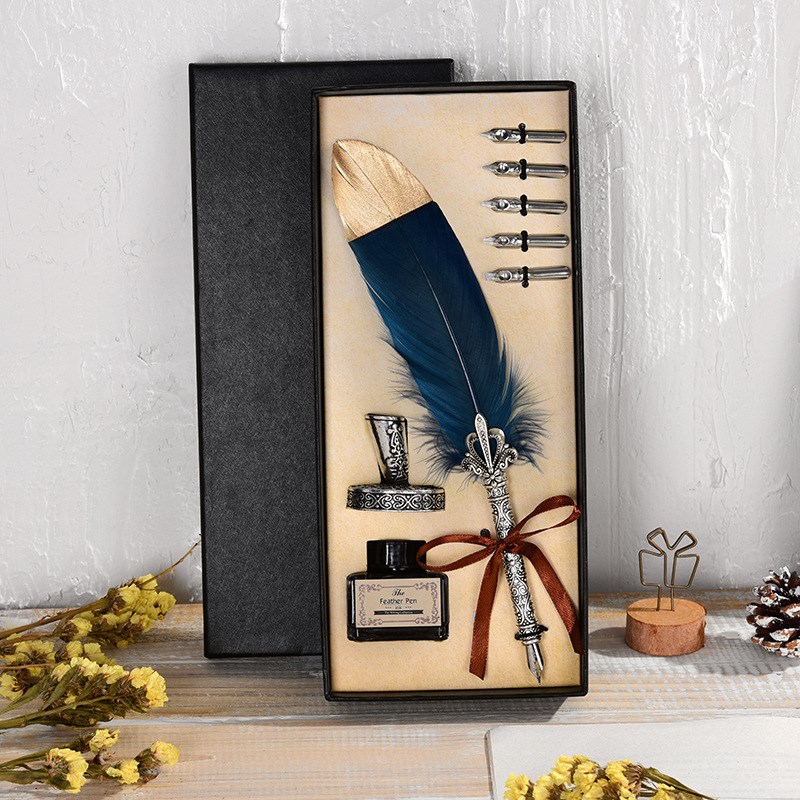 1set new calligraphy feather dip with 5 nib gift quill pen w