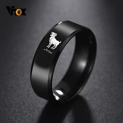 Vnox 12 Horoscope Engraved Black Stainless Steel Rings for