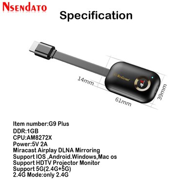 Mirascreen G9 Plus 2.4G/5G 4K Wireless HDMI H.265 Wifi Displ