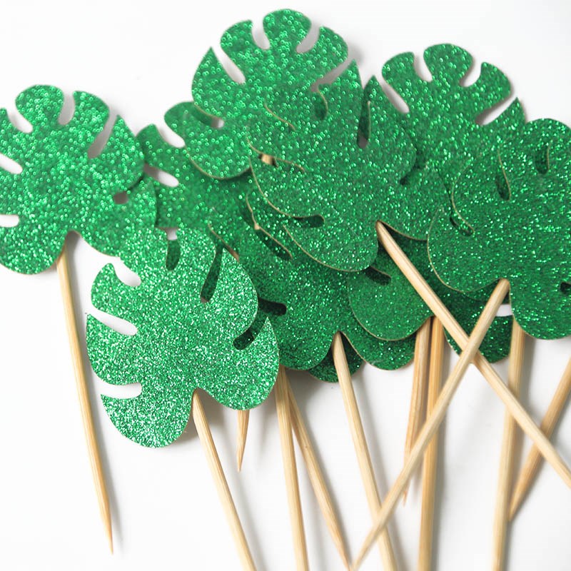 12pcs Jungle Tropical Party Green Leaf Cake Topper Leaves