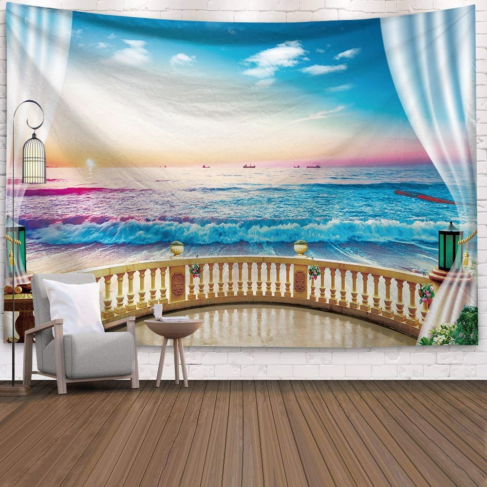 Window Tapestry View Green Plant 3D Sea Flowers Wall Hanging