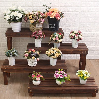 Indoor Anti-corrosion Wooden Flower Shelf Stepped Meaty Gree