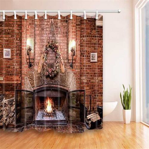 Wood Burnning in Fireplace under the Red Brick Shower Curtai
