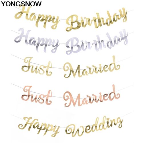 Gold Silver Happy Birthday Just Married Happy Wedding Banne