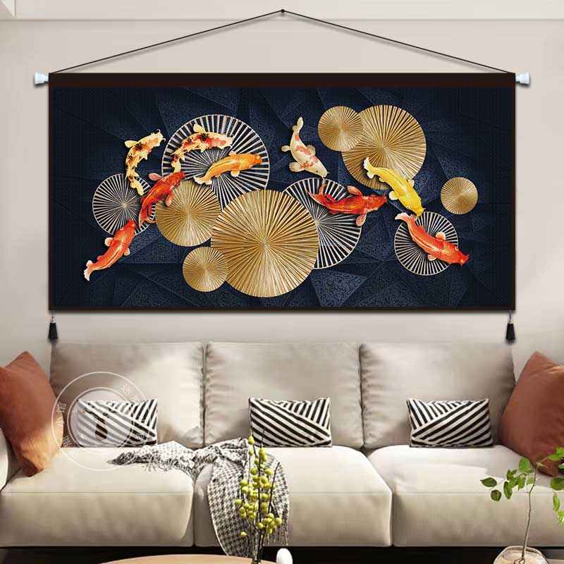 鱼挂画布艺背景轻墙挂入户挂毯玄关奢布走廊图招财装饰九中式客厅图片