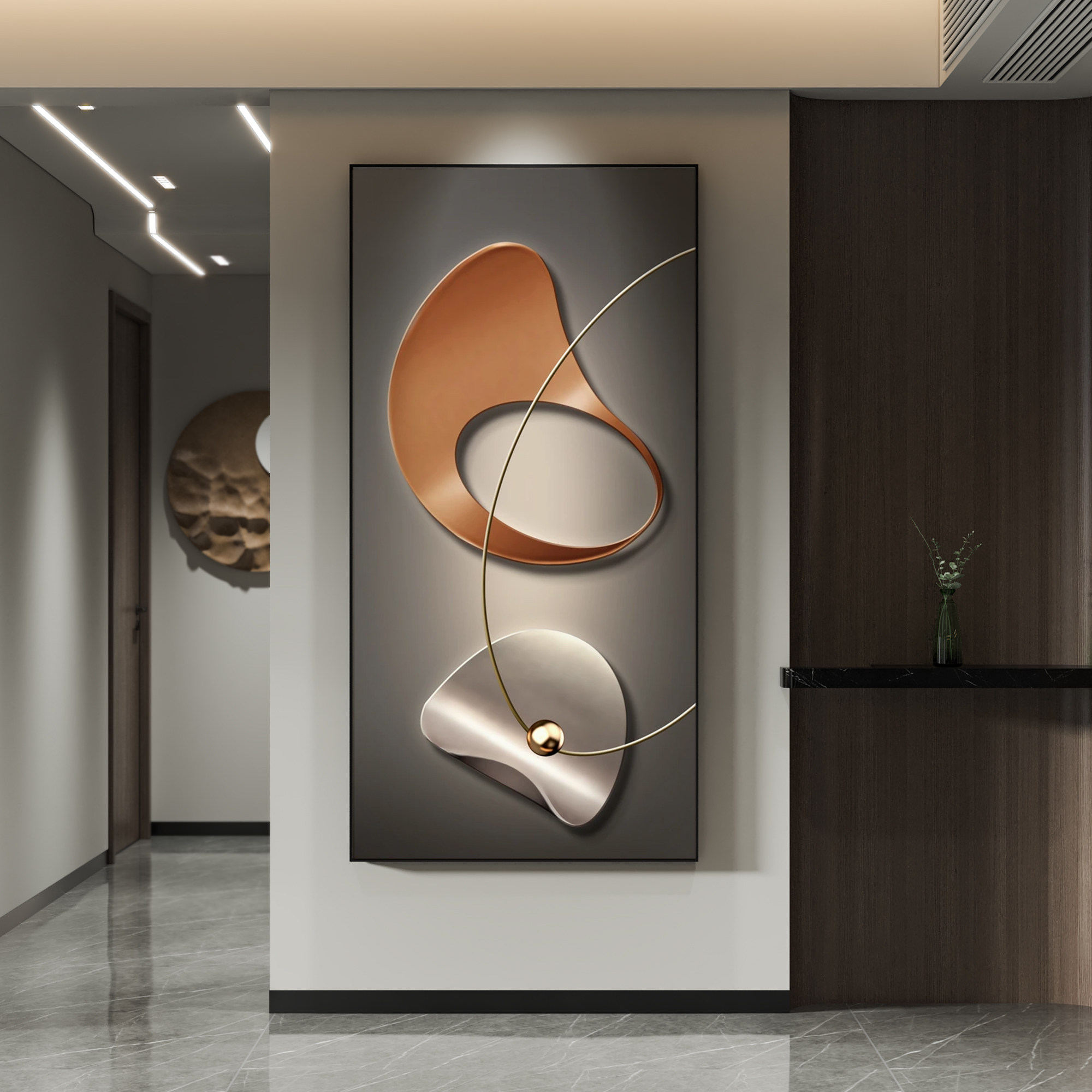 现代轻奢玄关装饰画石来运转走廊过道挂画简约抽象高级金属感壁画