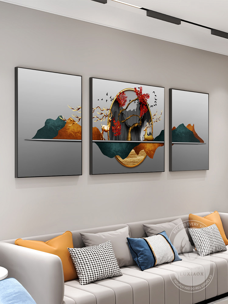 客厅装饰画现代简约福寿双全沙发背景墙挂画抽象创意组合三联画