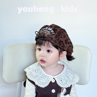 儿童帽子春秋款时髦女童画家贝雷帽韩版miu风豹纹男女宝宝鸭舌帽