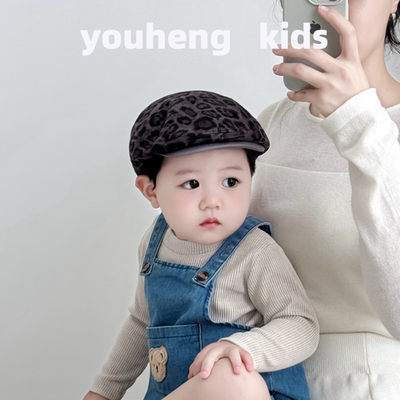 春秋款儿童帽子洋气豹纹前进帽男女宝宝反戴贝雷帽小孩复古画家帽