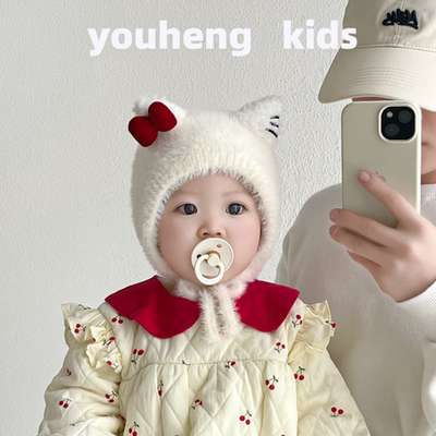 婴幼儿帽子秋冬季保暖加厚针织护耳毛绒帽女宝宝小月龄防风毛线帽