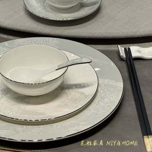 尼雅家居浅灰新中式江南风骨瓷餐具套装酒店摆台餐厅会所商务宴请
