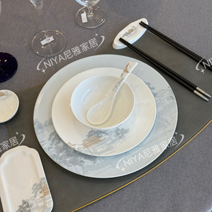 尼雅餐具新中式山水画骨瓷餐具摆台酒店餐厅包厢会所招待商务宴请
