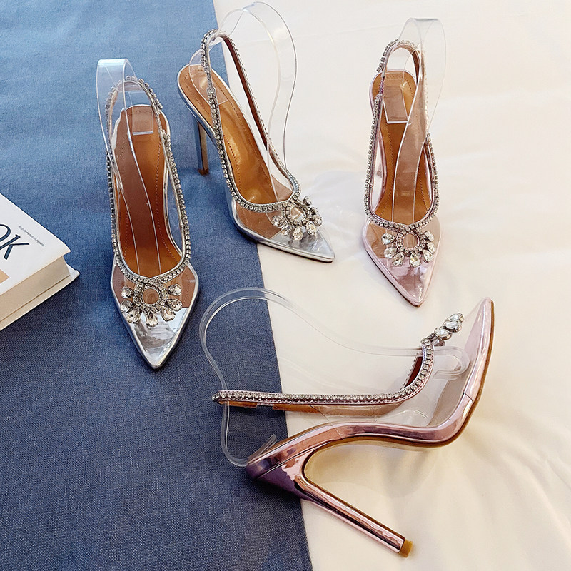 high heels shoes2022年欧美跨境时尚尖头水钻透明包头细跟高跟鞋