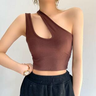 欧美性感漏锁骨斜肩背心女短款夏季修身显瘦双肩带单肩上衣打底衫