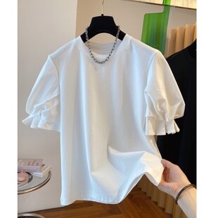 日系ins设计感小众花苞泡泡袖t恤女短袖宽松棉质打底衫上衣 shirt