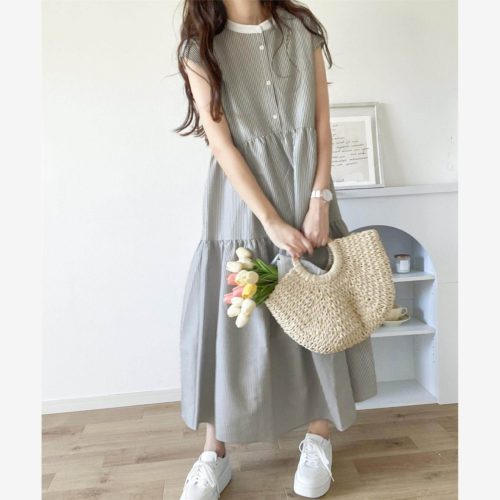 夏季新款韩国夏季圆领小排扣条纹无袖长款连衣裙甜美Long dress